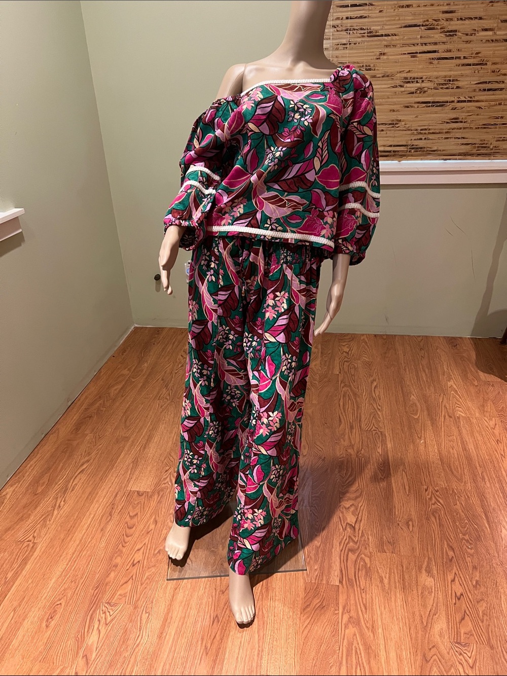 Floral Wide-Leg Linen Set  in Pink & Green XL